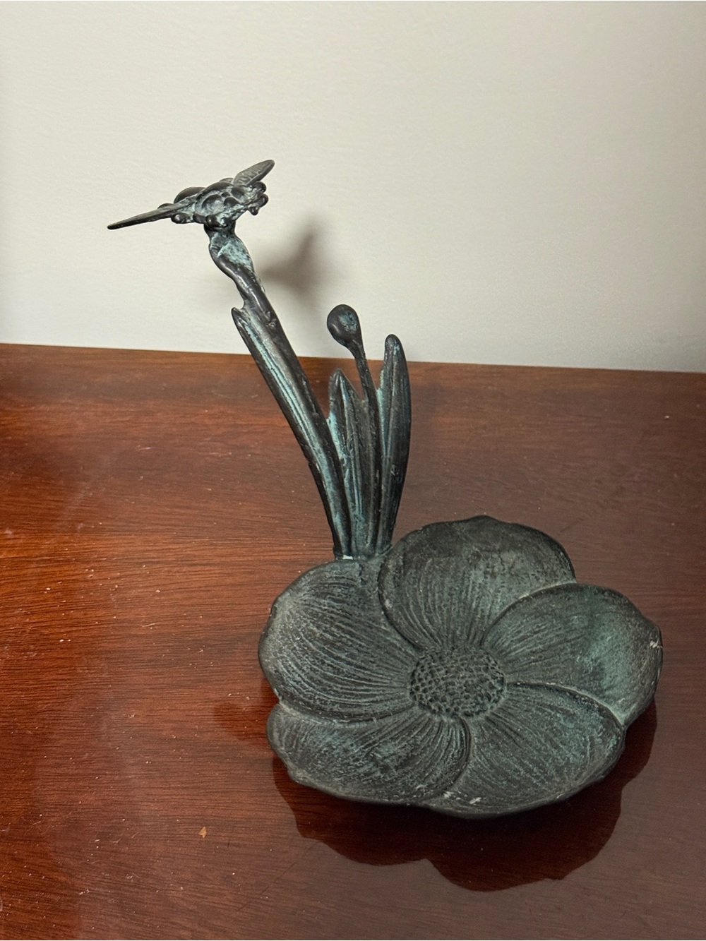 Vintage Verdigris Bronze flower & Bee Trinket Dish Ring Holder